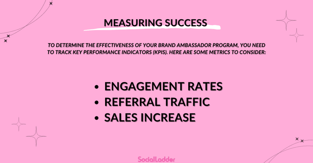To determine the effectiveness of your brand ambassador program, you need to track key performance indicators (KPIs).