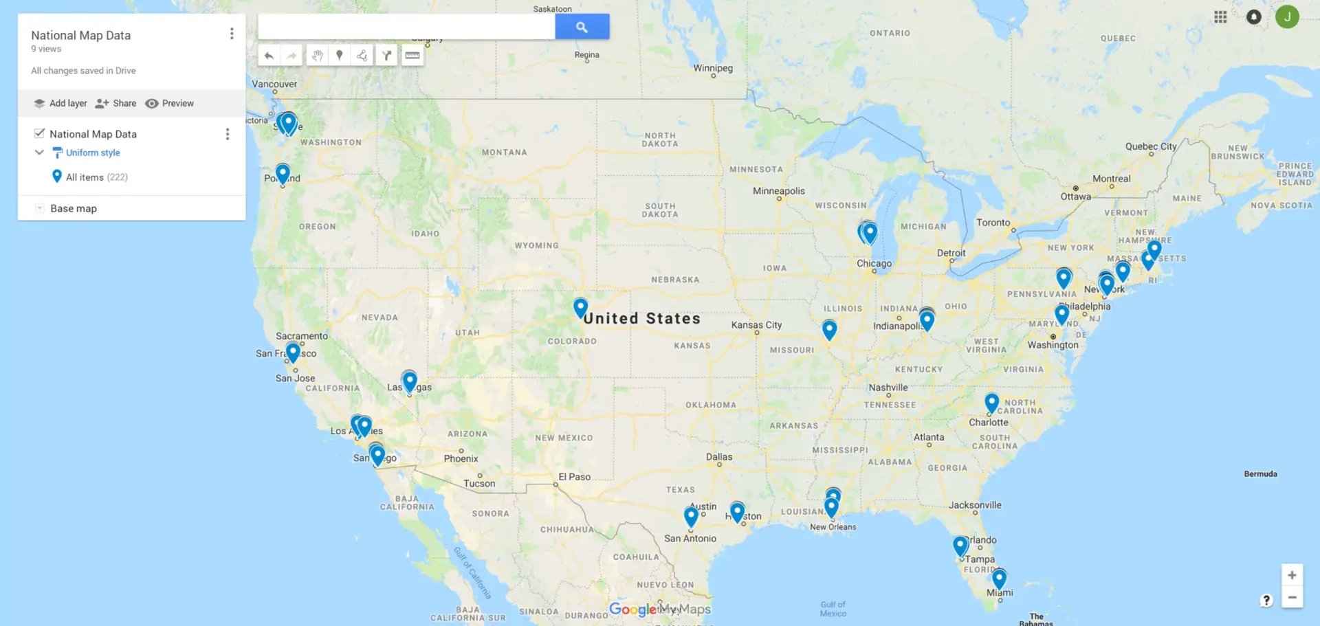 SocialLadder integration with Google Maps showing US map